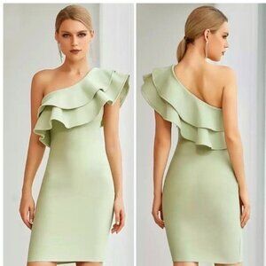 One Shoulder Ruffles Mini Bandage Dress Sexy Sleeveless Green